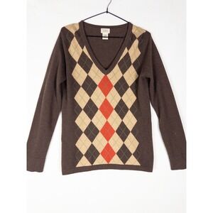 LL Bean Cashmere Sweater Womens‎ M Argyle V Neck Casual Pullover Knit